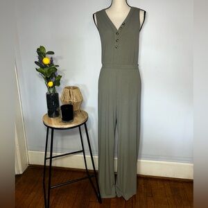 Pink Rose Sage Green Sleeveless Jumpsuit, V-Neck, Wide-Leg, Button Front, Large
